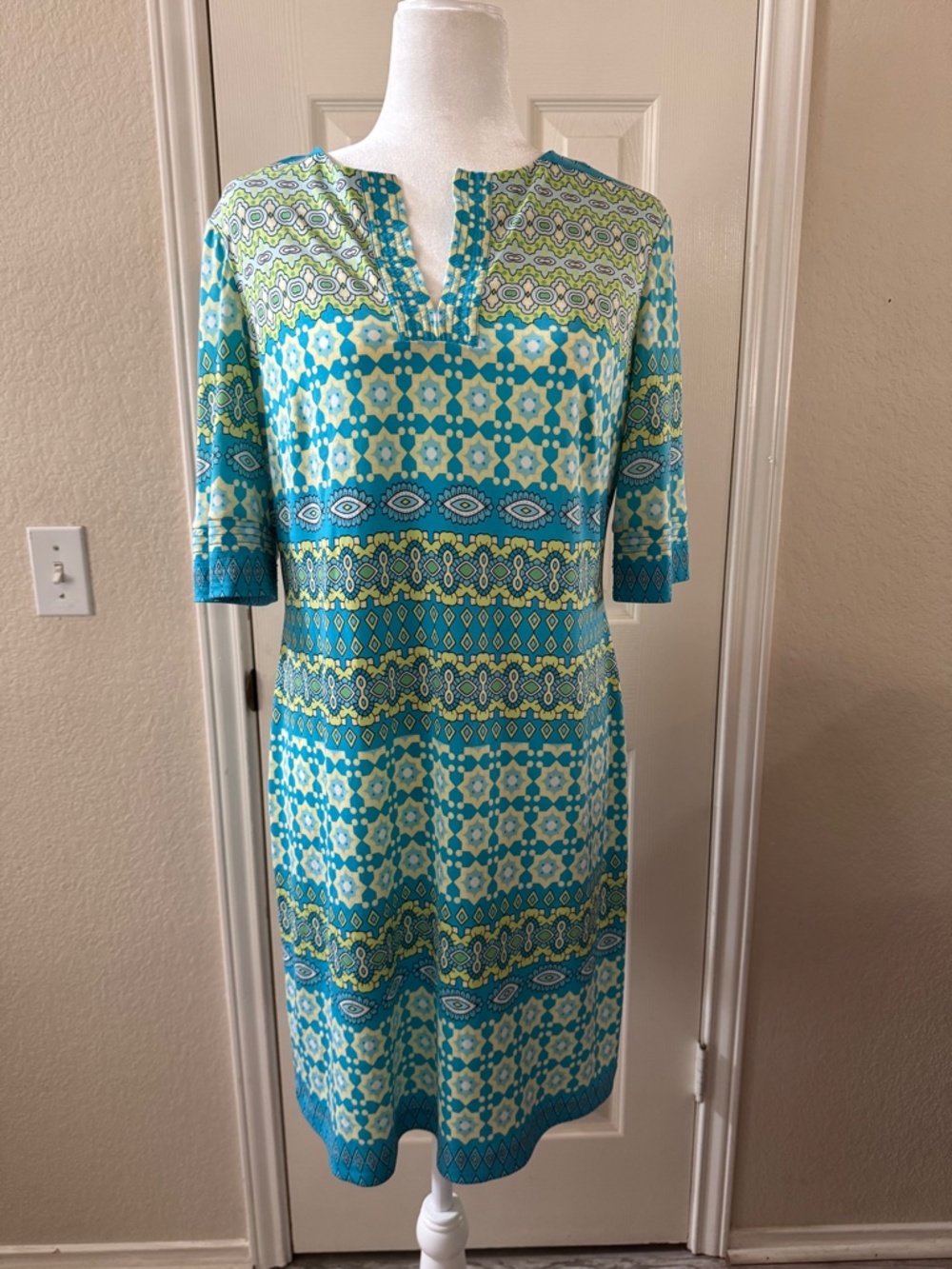 Donna Morgan Size 12 Blue Green Geometric Print  Dress 3/4 Sleeve Career Resort
